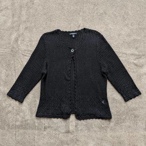 Notations Black Pointelle Knit Cardigan 3/4 Sleeve